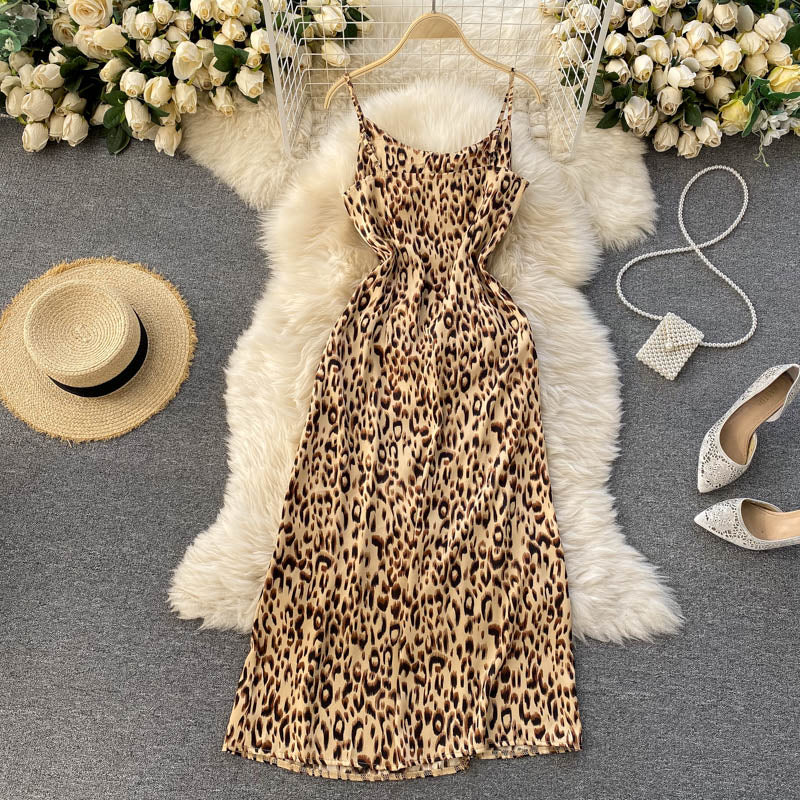 Leopard Print Elegant Vintage Midi Dress Sleeveless Spaghetti Strap Slit Sexy Dress