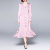 Evening Party Elegant Satin Dress Spring Autumn V Neck Long Sleeve Buttoned Office Midi Dress