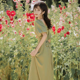 Summer Green Patchwork Retro Dress Women Solid Elegant Pary Midi Dress Female High Waist Designer Korean One-piece Dress 2021