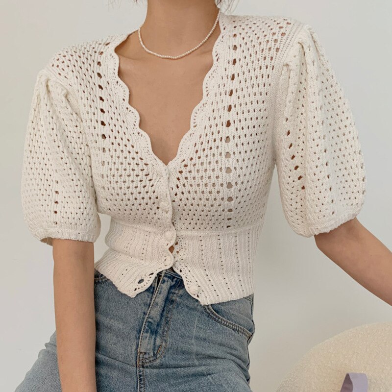 Women Knitted T shirt Hollow Out Casual Single-breasted Cardigan Elegant Sexy V-Neck Femme Tops Outwear