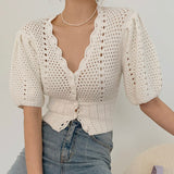 Women Knitted T shirt Hollow Out Casual Single-breasted Cardigan Elegant Sexy V-Neck Femme Tops Outwear
