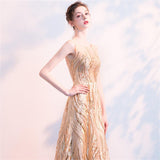 Luxury Long Evening Dress Rose Gold Sleeveless Vestido Sequins Dinner Gowns O-neck A-line Formal Party Prom Gowns