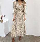 Spring Women V-neck Print Dress 2021 Female Full Sleeve Lace-up Waist A-line Vestidos Femme