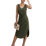 Summer Women Solid Sleeveless Casual Loose Tank A-line Sundress Knee-length Midi Dress