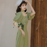 Summer Green Patchwork Retro Dress Women Solid Elegant Pary Midi Dress Female High Waist Designer Korean One-piece Dress 2021