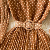 Office Polka Dot Chiffon Long Pleated Dress Round Neck Long Sleeve Maxi Dress With Belt