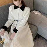 Women Elegant Single-Breasted Thicken Cotton Dress 2021 Autumn Winter Belted Female Patchwork A-Line Fashion Vestdios
