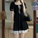 Korean Casual Kawaii Mini Dress Women Lace Black Cute Elegant Party Dress Summer 2021 Puff Sleeve Ruffle France Vintage Clothing