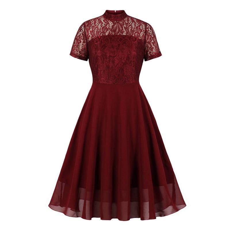 2021 Burgundy Lace and Chiffon A Line Vintage Ladies Swing Dresses Office OL Elegant Party Women Short Sleeve Summer Dress