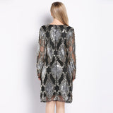Luxury Designer See-Through Mesh Vintage Shift Dress Long Sleeve Beaded Diamond Embroidery Sequin Party Dress