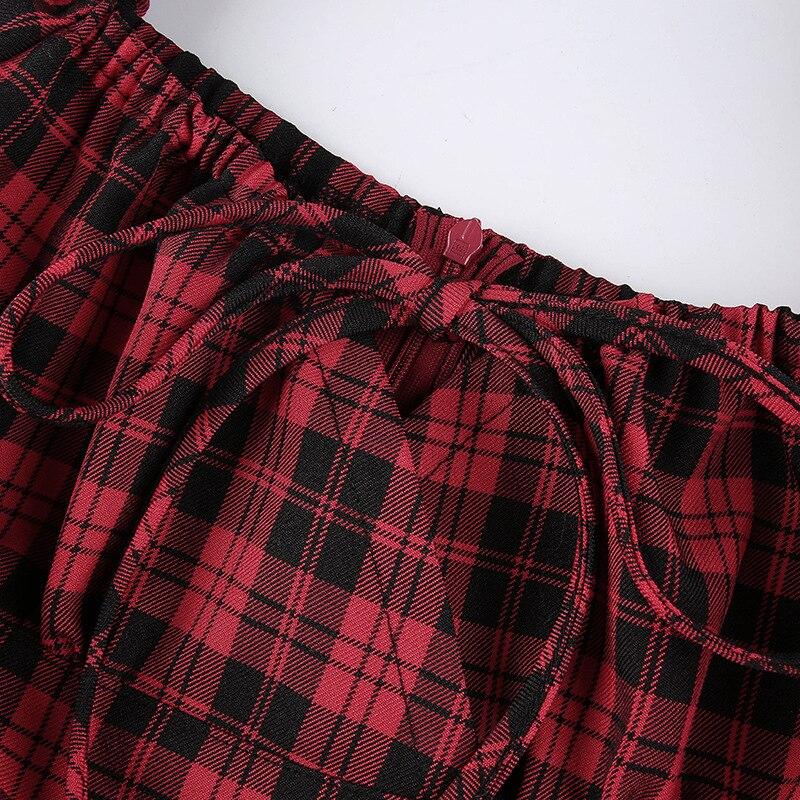Red Plaid Women Retro Vintage Dress 2021 Puff Sleeve Slash Neck Gothic Punk Streetwear Office OL A Line Club Harajuku Sundress