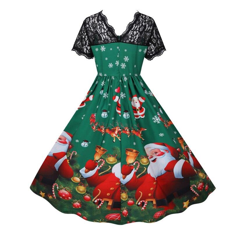 2021 Holiday Santa Claus Print Elegant Women Lace Short Sleeve Vintage Pleated Dress Plus Size 3XL Robe Femme Winter Party