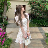 Summer Elegant Kawaii Floral Dress Women Print Korean Sweet Cute Party Mini Dress Puff Sleeve Pretty Fairy Summer Sundress 2021