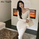 Winter Elegant Knitted Dress Women Solid Sexy Bodycon Party Midi Dress Female Casual Korean Fashion One Piece Sweater Dress 2021