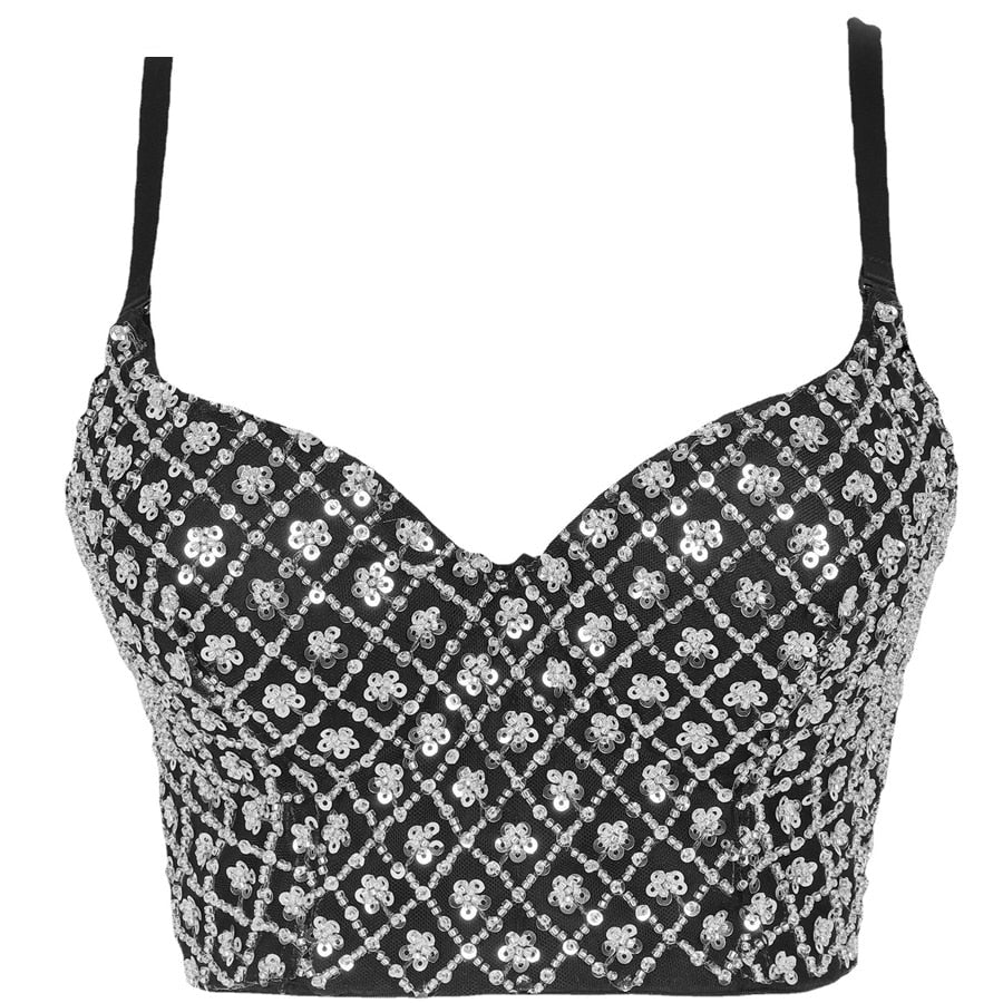 Sequins Beaded Top Short Sexy Push Up Chest Nightclub Party Crop Top Off Shoulder Camis With Built In Bra