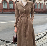 Winter Autumn Women New Casual Corduroy Dress Female Eleagnt Lace-Up Slim Dress Fashion Vestidos