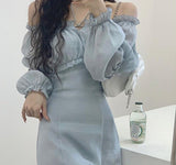 Autumn Solid Elegant Dress Women Korean Princess High Waist Casual Sweet Dress Female Party Long Sleeve Mini Fairy Dress