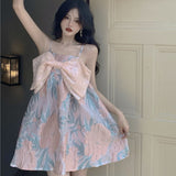 French Kawaii Sexy Mini Dress Women Bow Designer Princess Elegant Floral Sweet Strap Dress A-Line Beach Vintage Casual Dress