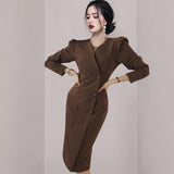 Elegant V-Neck Women Knee-Length Dress Double-Breasted Puff Sleeve High Waist Dress Female 2021 Spring