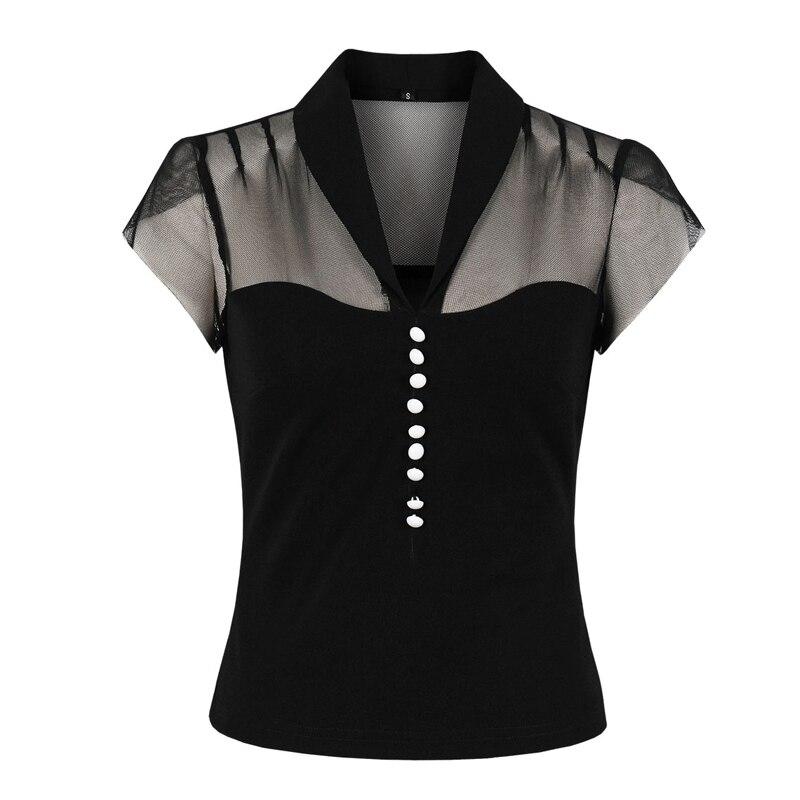 2021 Office OL Contrast Mesh Button Front Short Sleeve Tees Summer Clothes for Women Vintage Style T Shirt Slim Black Tops