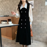 Women Autumn French Elegant Dress Patchwork Lapel Chic Double-Breasted Belt Lantren Sleeve Vestidos