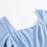 Square Neck 50s Vintage Blue Elegant Solid Swing Women Short Sleeve Summer New Retro Plain Dress