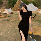 Summer Party Ladies Short Sleeve Womens Solid Bodycon  Midi Dress O Neck Casual Slim Vestido Drawstring Split Dresses