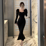 Autumn 2021 Women Korean Slim Puff Sleeve Midi Dress Long Sleeve Sexy Trumpet Dress