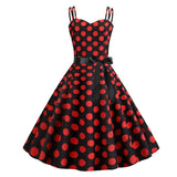 Pinup 50S Vintage Spaghetti Strap Polka Dot Summer Dress with Belt Women Fit and Flare Casual Swing Dress