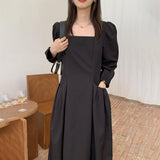 Elegant Square Collar Women Pleated Long Sleeve Dress Female Ankle-Length Dress Vestidos 2021