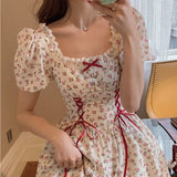 Summer Patchwork Kawaii Lace Up Japanese Sweet Party Mini Dress Short Sleeve Princess Chic Korean Bandage Dress