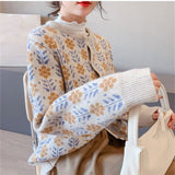 Autumn Women Coat Single-breasted Long Sleeve Knit Casual Loose Floral Cardigans Sweaters