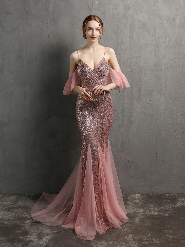 Pink Off Shoulder Party Dress Women Sexy Strap Dress Sequin Evening Dress