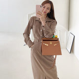 New Spring Women Elegant Single-Breasted Dress Turn Down Collar Office Lady Long Sleeve Slim Waist Midi Vestidos