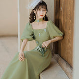 Summer Green Patchwork Retro Dress Women Solid Elegant Pary Midi Dress Female High Waist Designer Korean One-piece Dress 2021