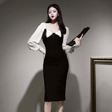 Spring Autmn New Women Fashion Elegant Slim Chic Office Lady Dress Female Square Collar Knee-Length Bodycon Vestdios