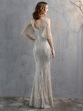 Elegant V Neck Long Sequin Evening Dress New Off Shoulder Evening Party Dress