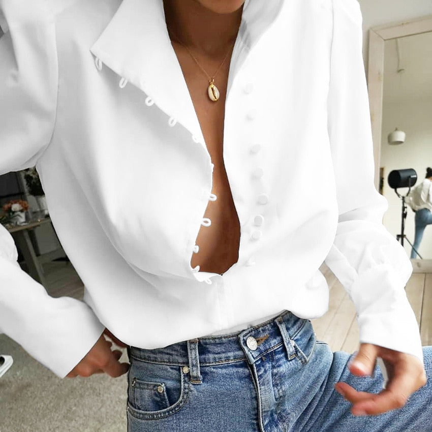Elegant Turtleneck Long Sleeve Shirt Women Top Casual Solid Single-Breasted Puff Sleeve Blouses