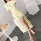 Women Elegant Vestidos 2021 Summer Female Korean Style Slim Casual Party Chic Sexy Spilt Dresses