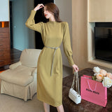 Women Elegant O-neck Dress 2021 Autumn Winter Knitted Dress Female Midi Sweaters Vestidos