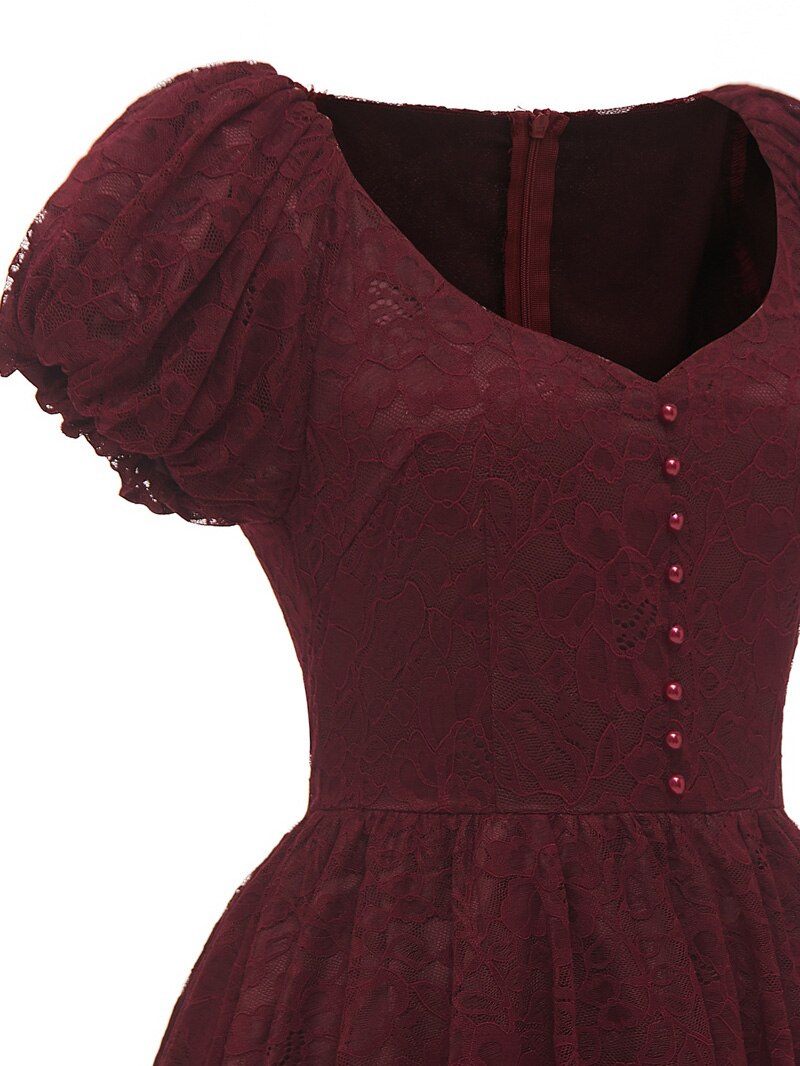 Women Burgundy Lace Elegant Button Front Short Sleeve Evening Party Pleated Vintage Ladies Knee Length Dresses