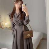 Spring Women Notched Collar Dress Puff Sleeve High Waist Female Midi Dress Elegant A-Line Vestidos