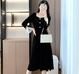 Velvet One Piece Dress Korean Fashion Black Vintage Midi Dresss Women Party Long Sleeve Bow Elegant Dress Slim Flounced Edge