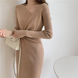 Women V-Neck Drawstring Knitted Midi Dress Korean Elegant Long Sleeve Autumn Winter Female Chic Sweater Dresses