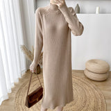 Women Casual Thicken Sweater Dress Half High Collar Full Sleeve Female Knitted Dress Midi Pullovers Jumper Dress