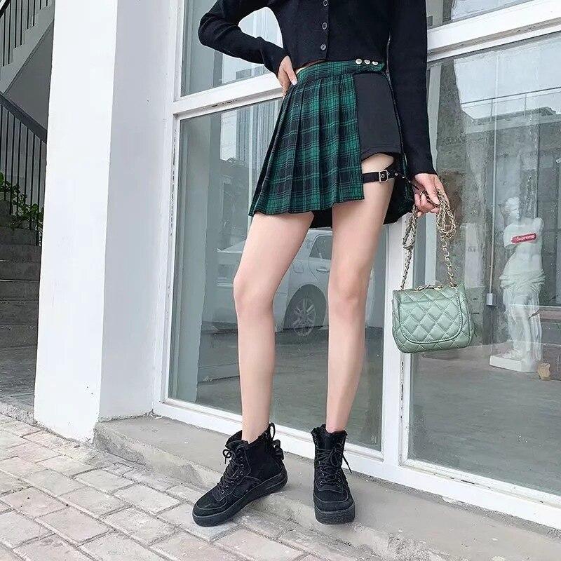 Gothic Punk Harajuku Vintage Plaid Mini Skirt Women Pleated A-Line High Waist Casual Plus Size Chic Red Black Goth Skater Green