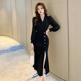 Women Elegant Office Dress V-Neck Buttons Long Sleeve Slim Dress Autumn Female Midi Vestidos