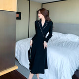 Women Elegant Notched Collar Sweater Suit Dress Long Sleeve Slim Waist Female A-Line Knitting Dress 2021 OL Vestidos