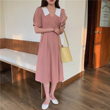 Summer Women French Elegant Turn Down Collar Puff Sleeve Dress Casual Patchwork Vestidos