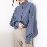 Big Lantern Sleeve Stand Collar Office Work Solid Vintage Blouse Shirts